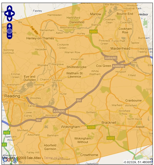 Map showing the 25km square that best fits over Reading, the town is in fact located in the middle on the left-hand edge of the square